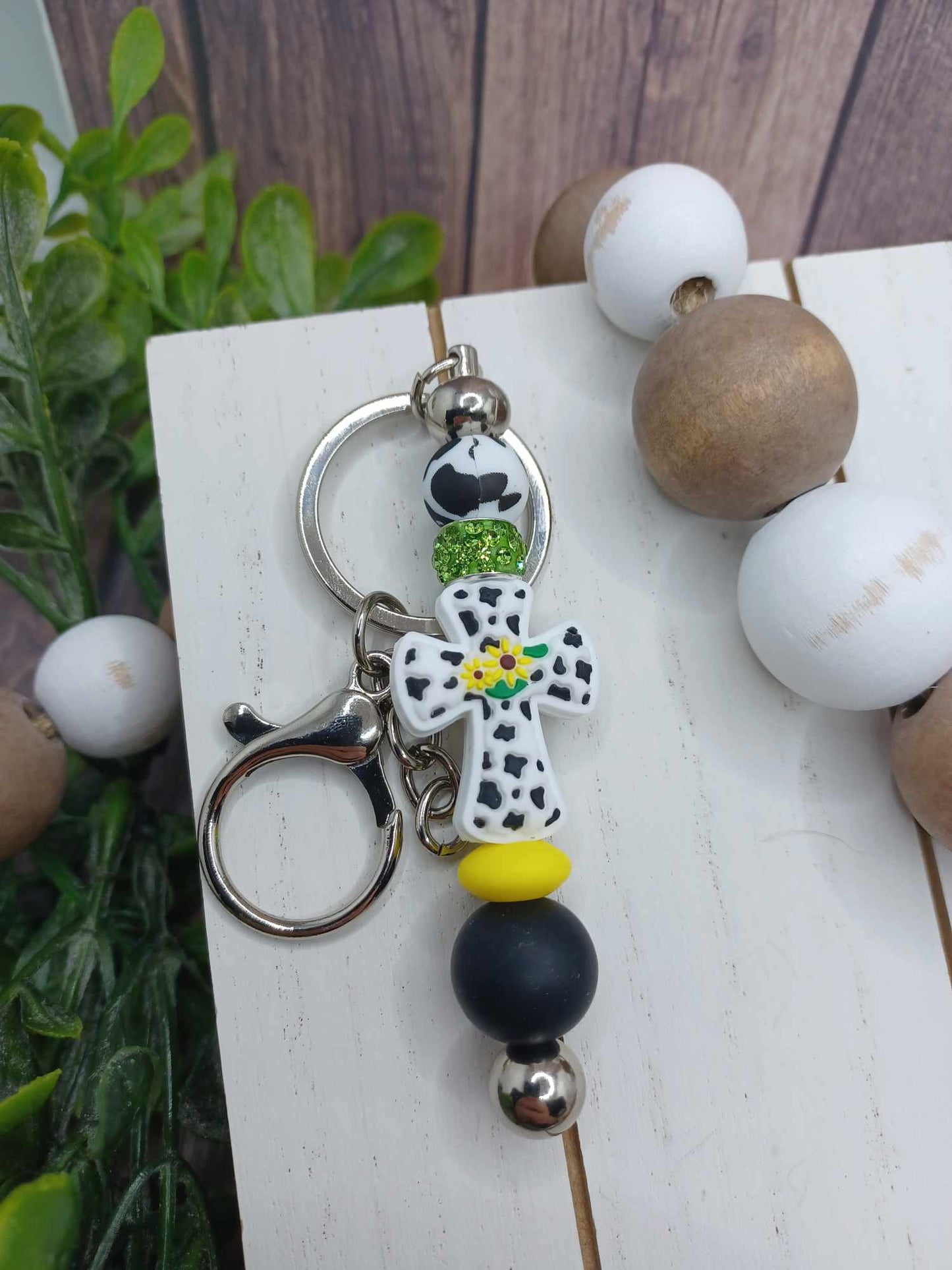 Cow Print Cross Beaded Keychain