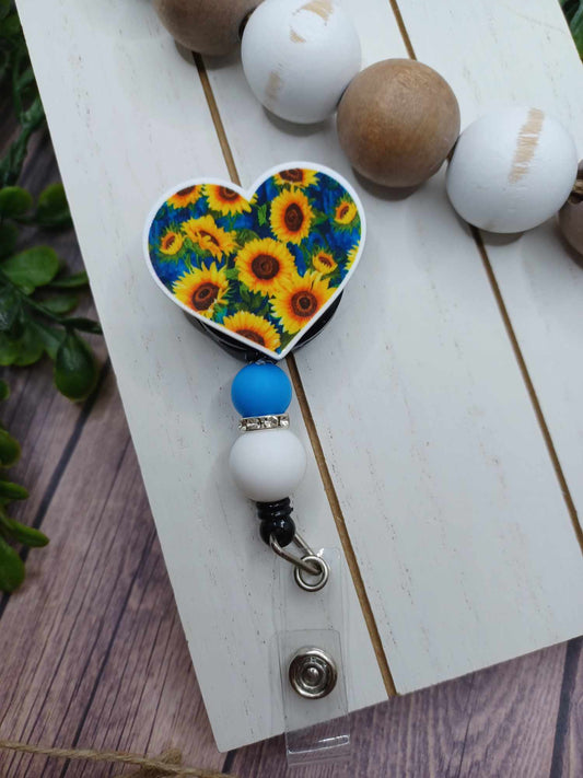 Heart Sunflower Retractable Beaded Badge Reel