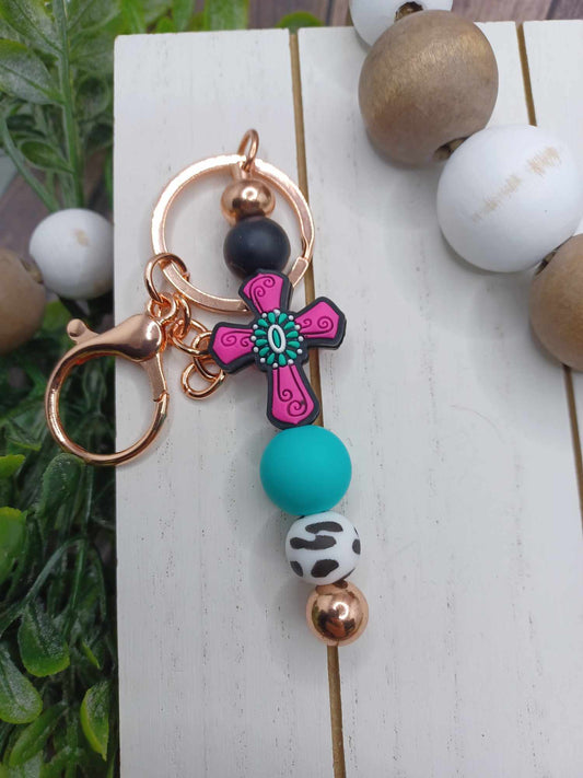 Pink & Turquoise Crackle Stone Cross Beaded Keychain