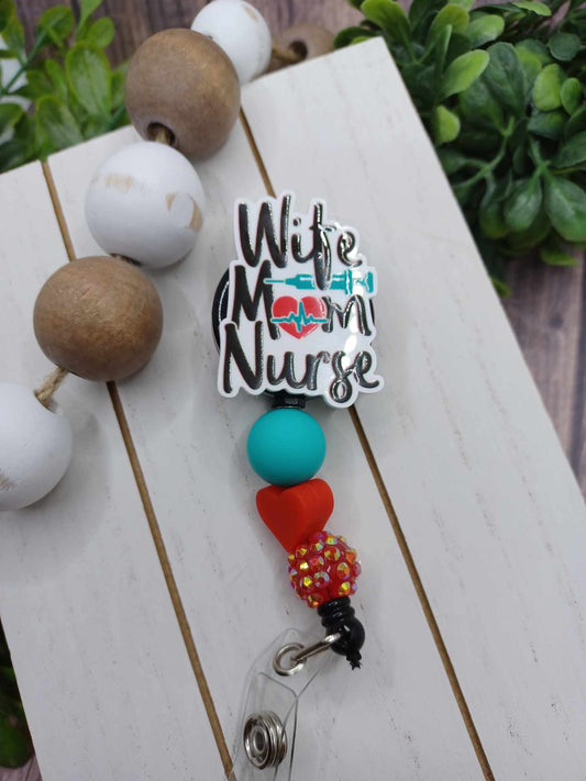 Wife Mom Nurse Retractable Beaded Badge Reel