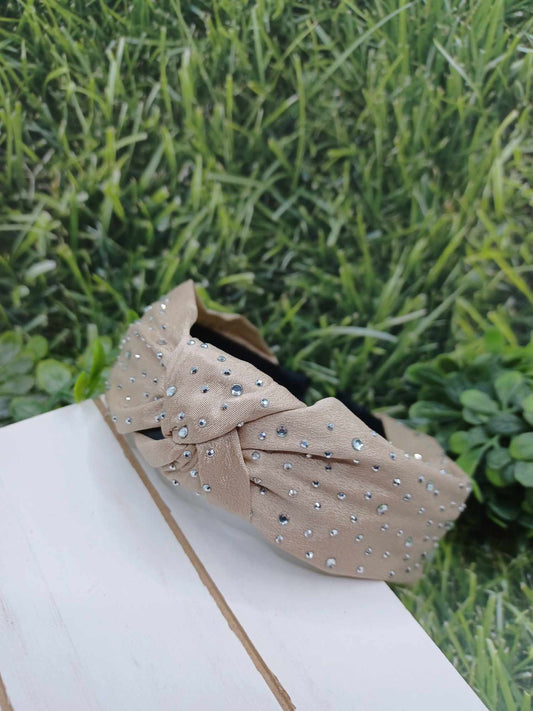 Tan Top Knot Headband w/ Rhinestones