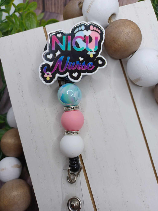 NICU Nurse Retractable Beaded Badge Reel