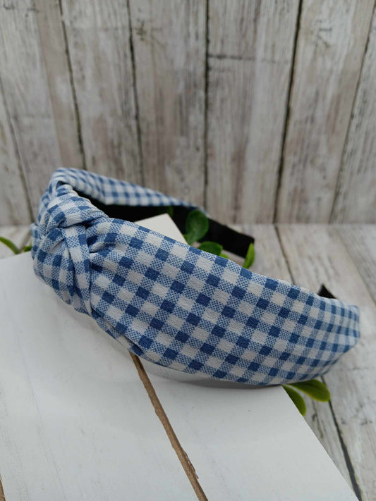 Blue & White Flannel Top Knot Headband