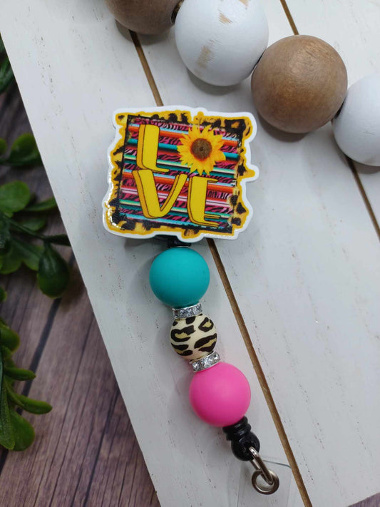 LOVE Aztec & Sunflower Retractable Beaded Badge Reel