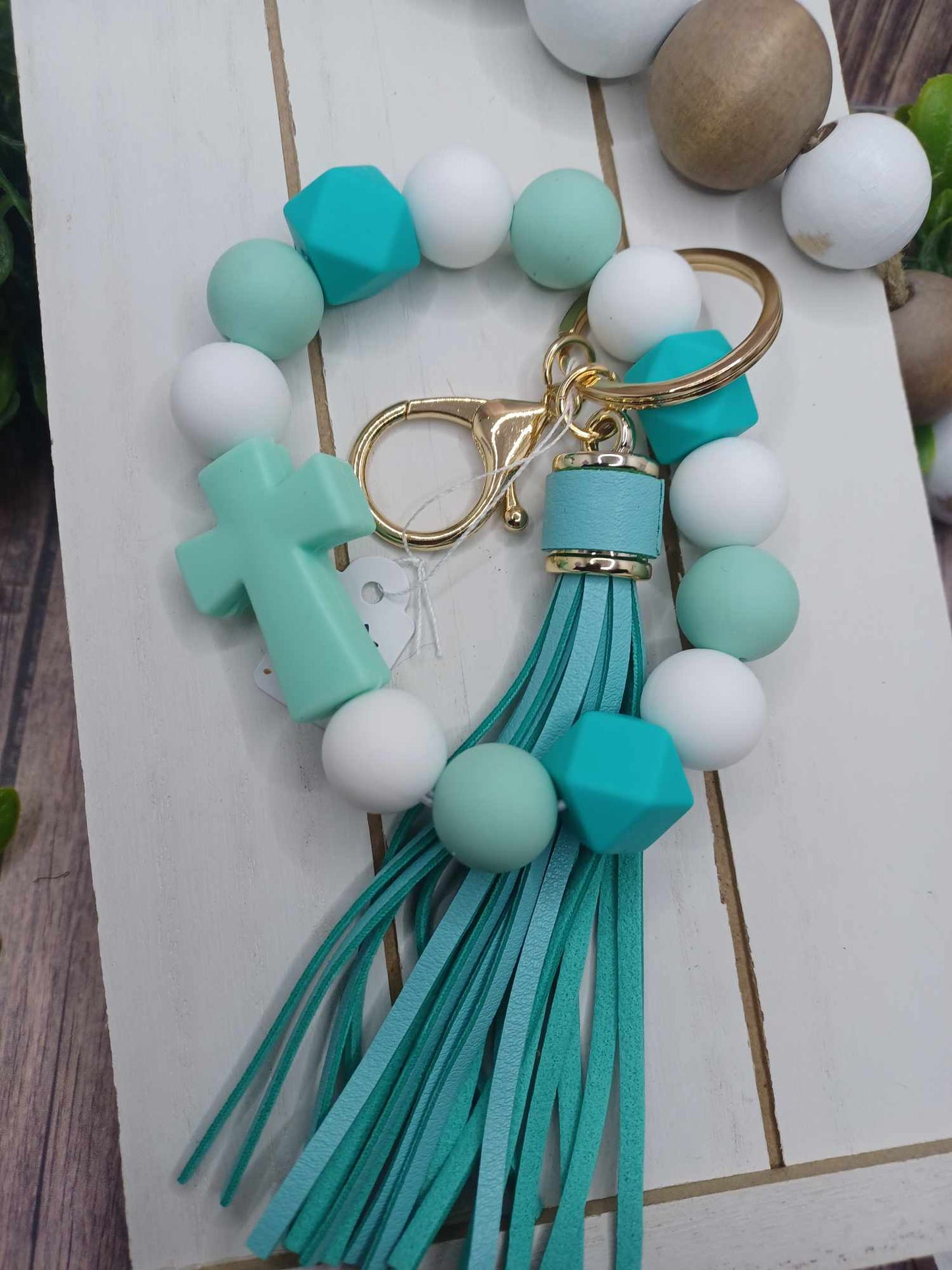 Teal Cross Beaded Wristlet Keychain