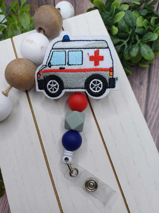 Embroidered Ambulance Retractable Beaded Badge Reel