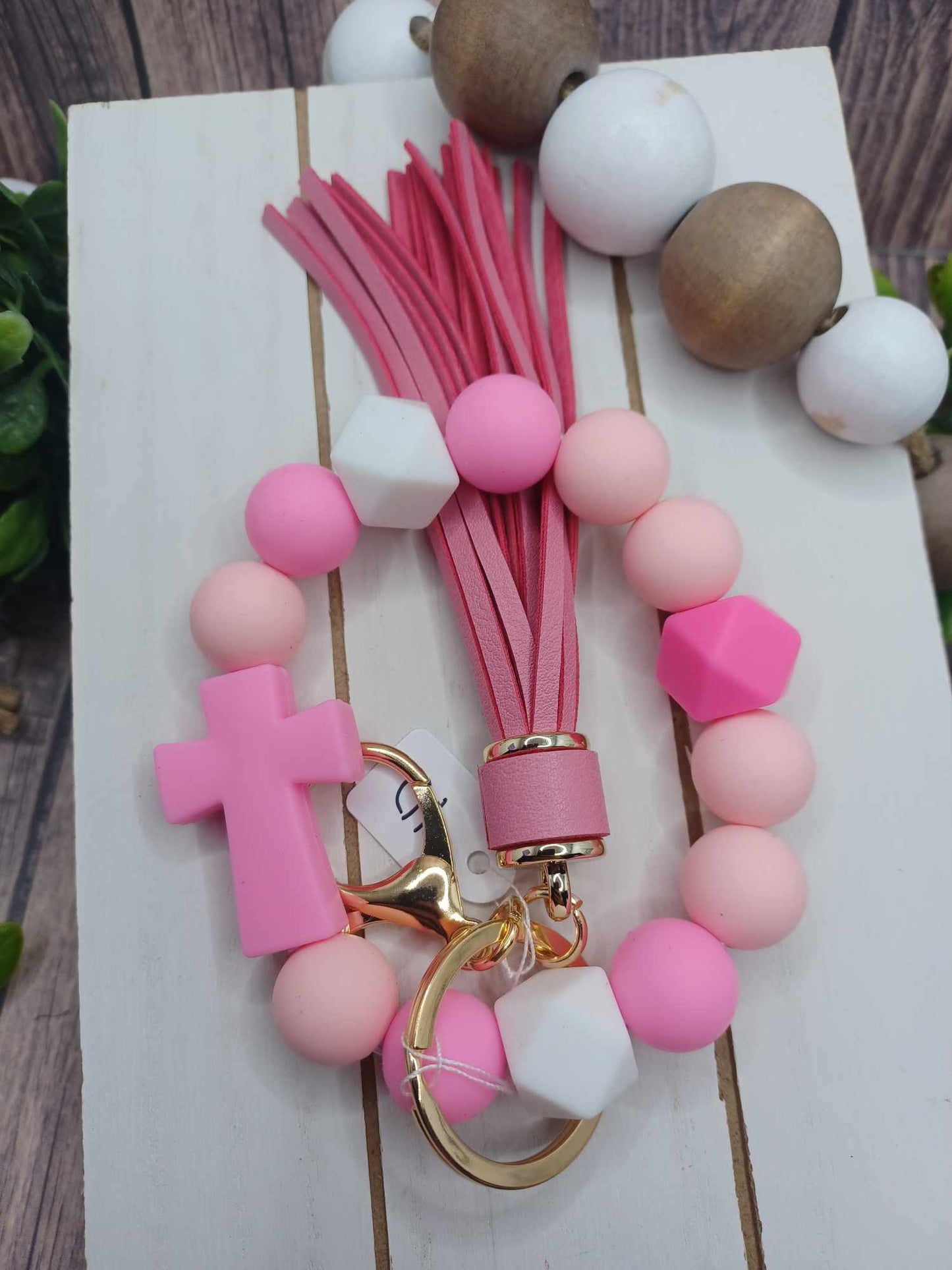 Pink Beaded Cross Wristlet Keychain