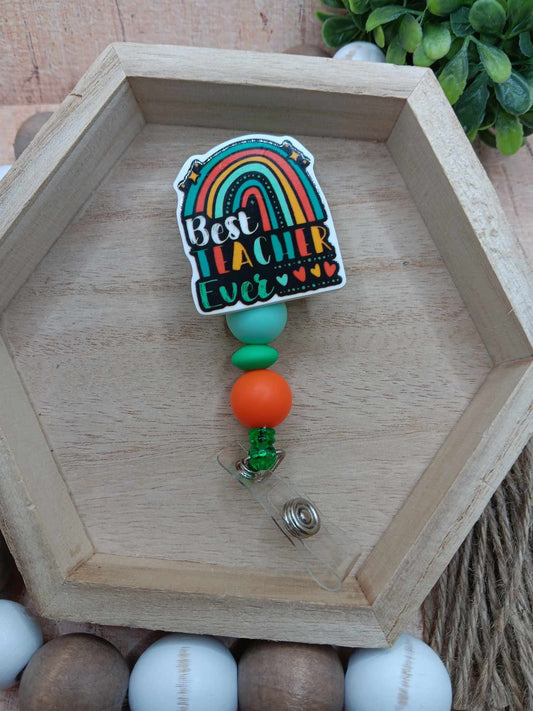 Best Teacher Ever Beaded Badge Reel