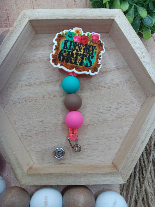Kiss My Grits Beaded Badge Reel