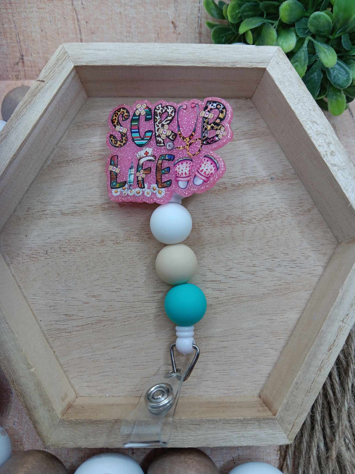 Scrub Life Glitter Beaded Badge Reel