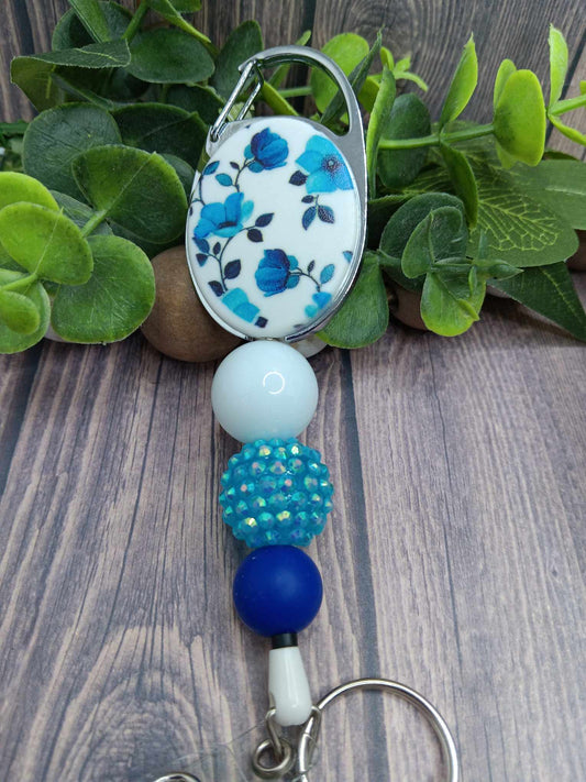 Blue Floral Beaded Badge Reel