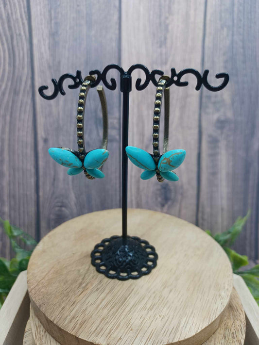 Brass Hoop Earrings w/ Turquoise Crackle Stone Butterfly