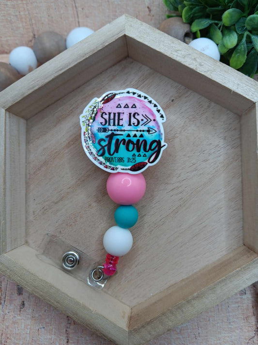 She is Strong Beaded Badge Reel