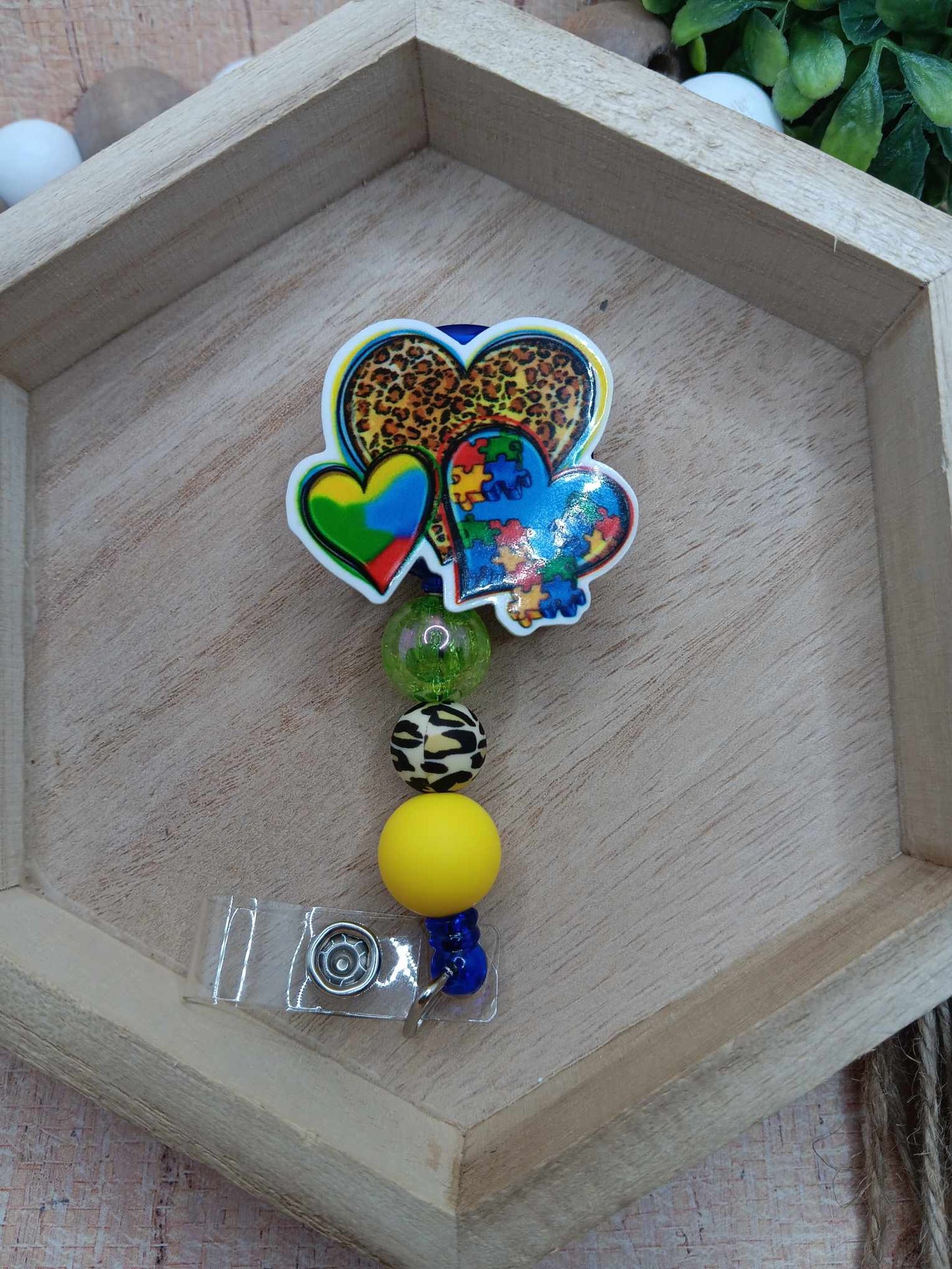 Autism & Leopard Hearts Beaded Badge Reel