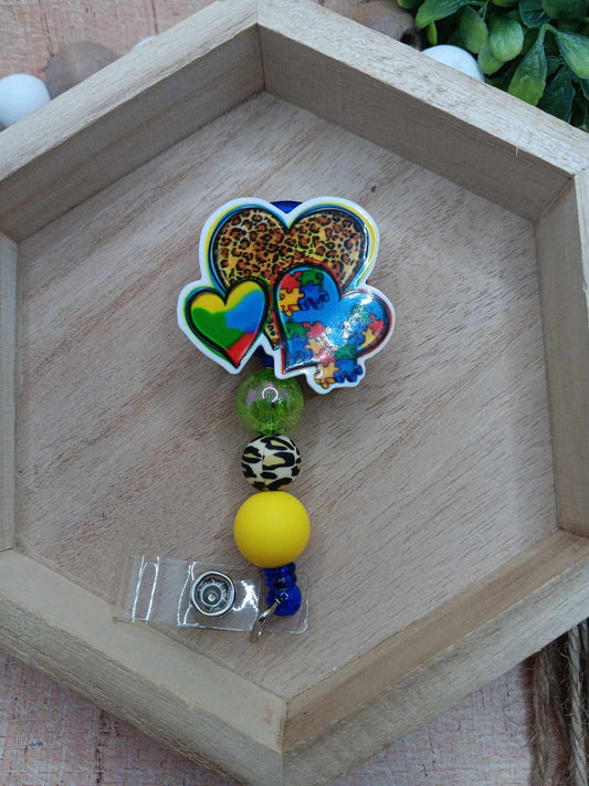 Autism & Leopard Hearts Beaded Badge Reel