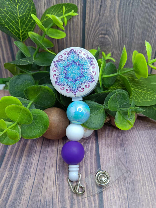Blue Mandala Beaded Badge Reel