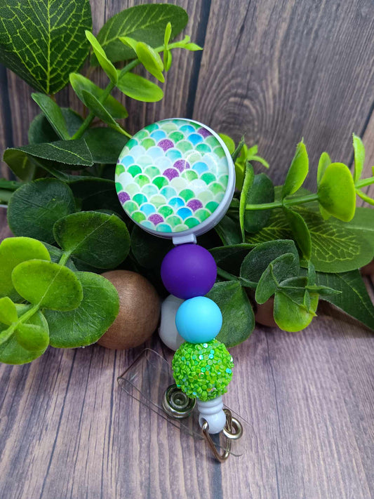 Purple & Green Mermaid Beaded Badge Reel