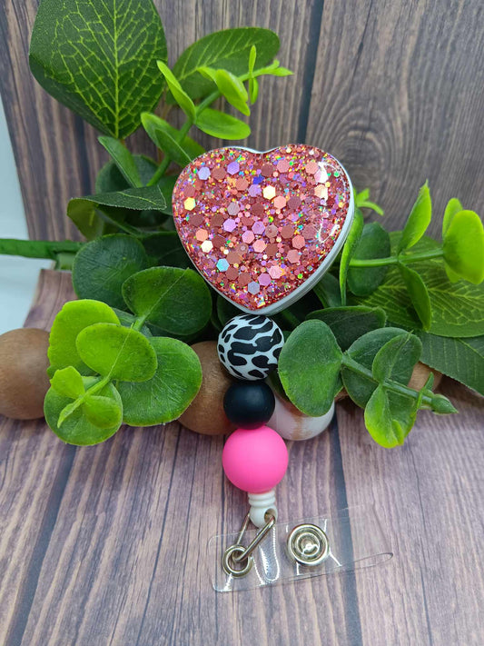 Pink Glitter Heart Beaded Badge Reel