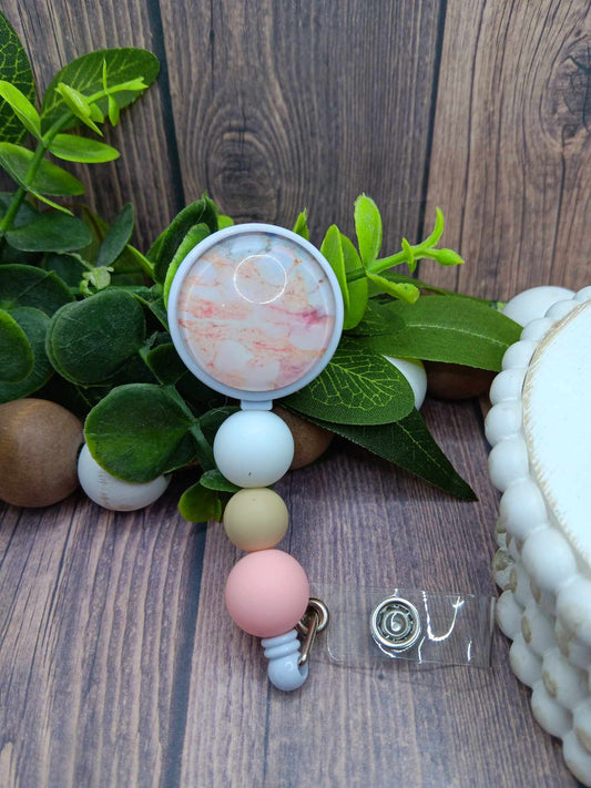 Pink & White Beachy Style Beaded Badge Reel