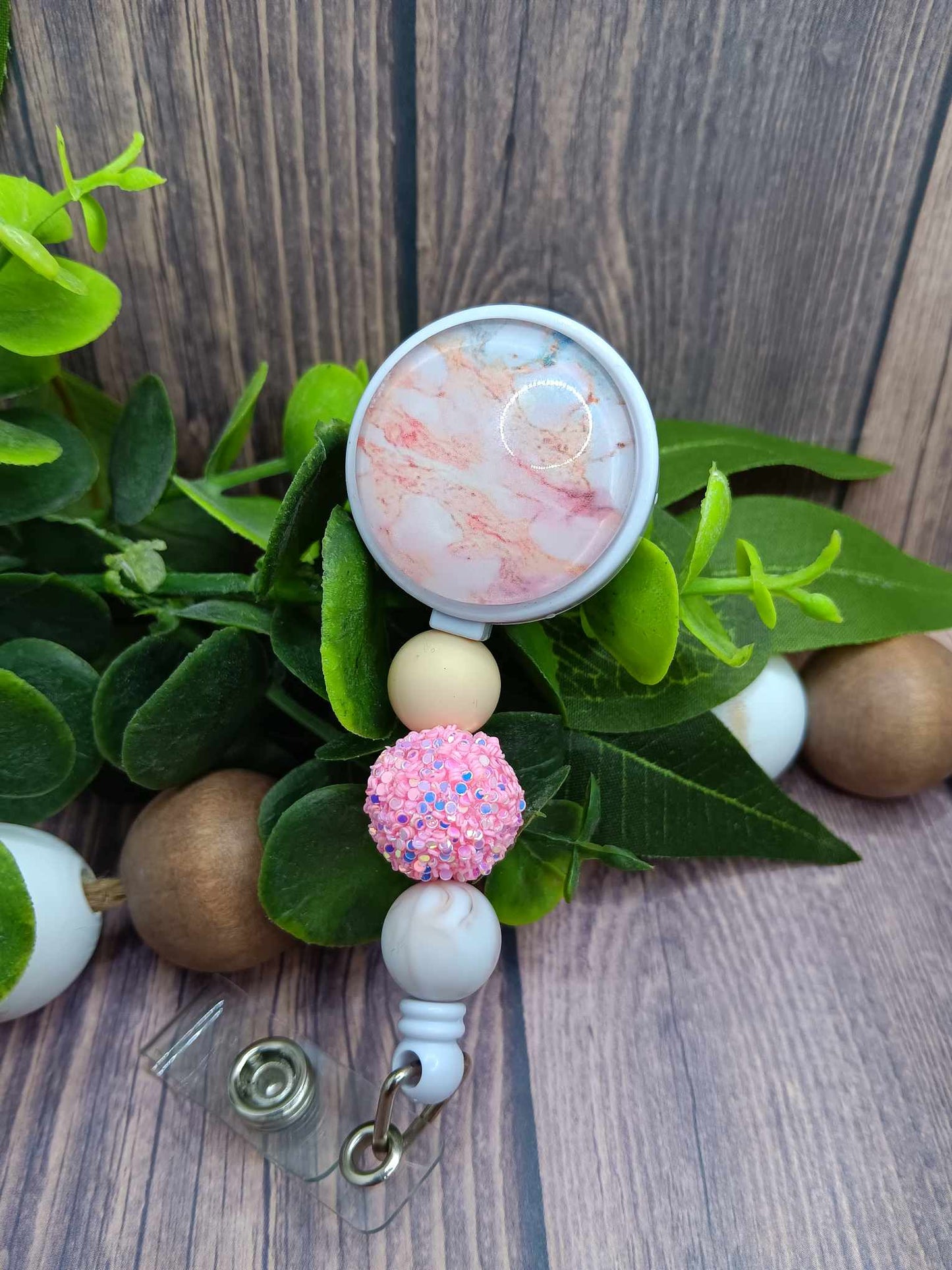 Pink Beachy Themed Beaded Badge Reel