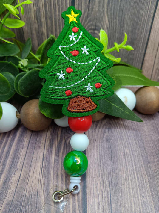 Embroidered Christmas Tree Beaded Badge Reel