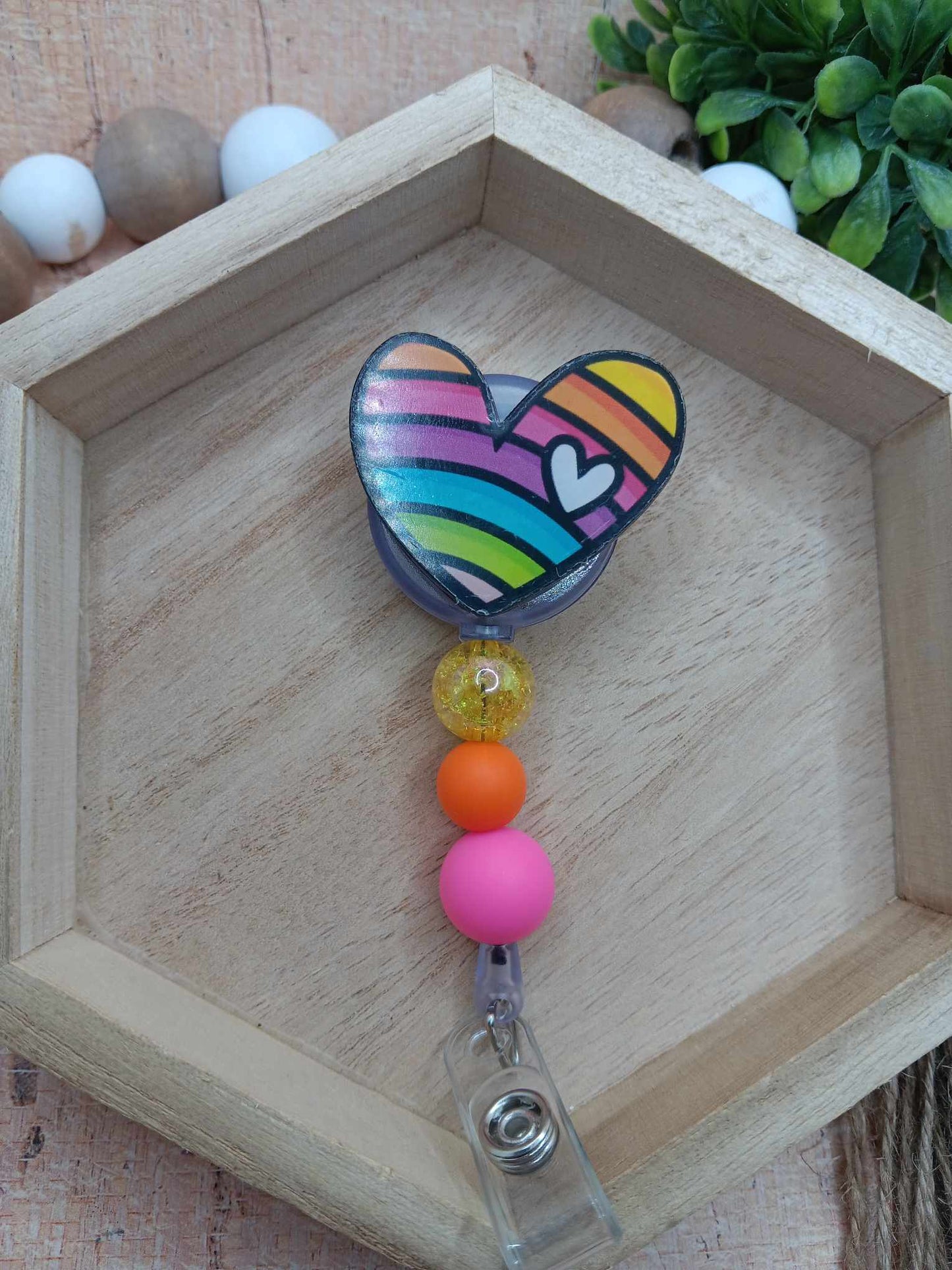 Rainbow Heart Beaded Badge Reel