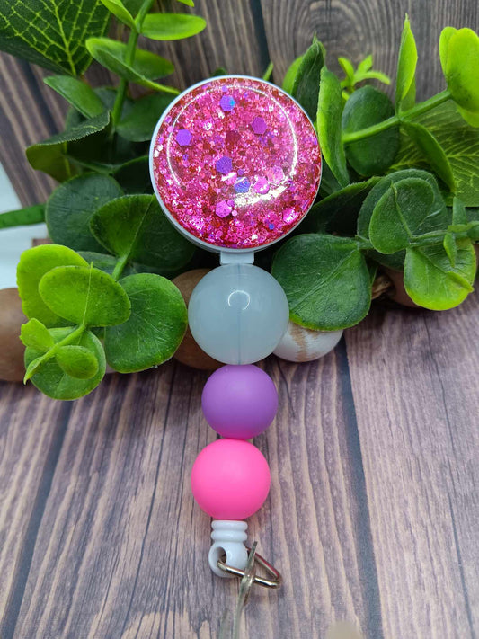 Pink Glitter Beaded Badge Reel