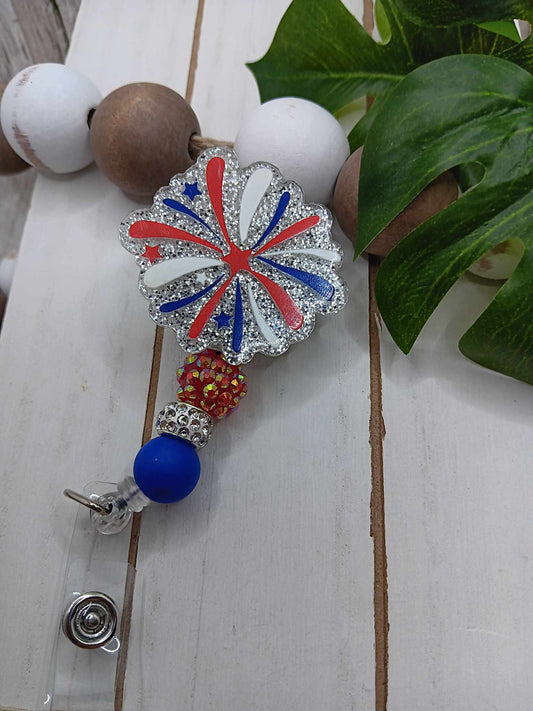Red, White, & Blue Firework Beaded Badge Reel
