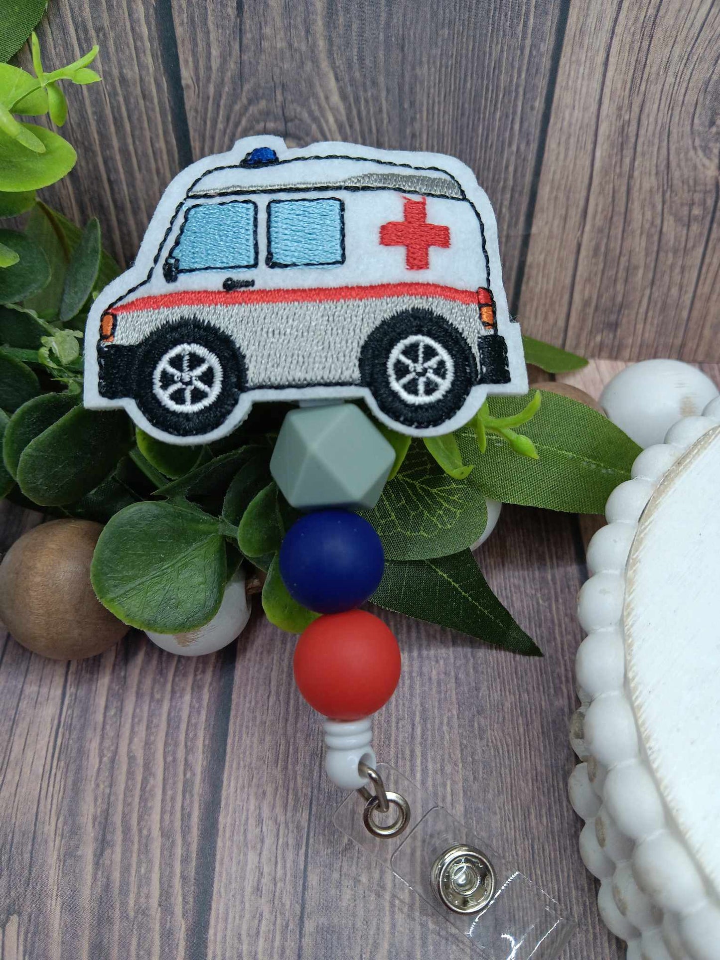 Embroidered Ambulance Beaded Badge Reel