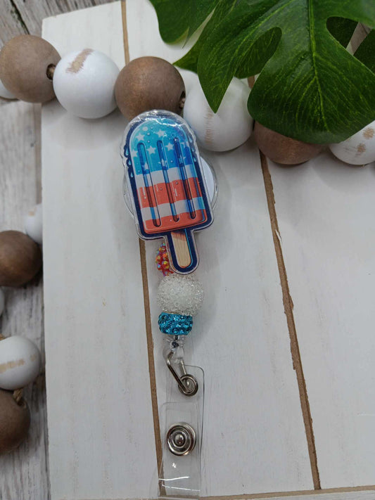 Red, White, & Blue Popsicle Beaded Badge Reel