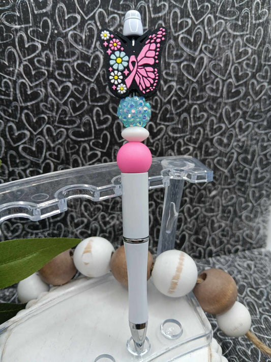 Pink Butterfly Ribbon Beaded Breast Cancer Awareness Ink Pen