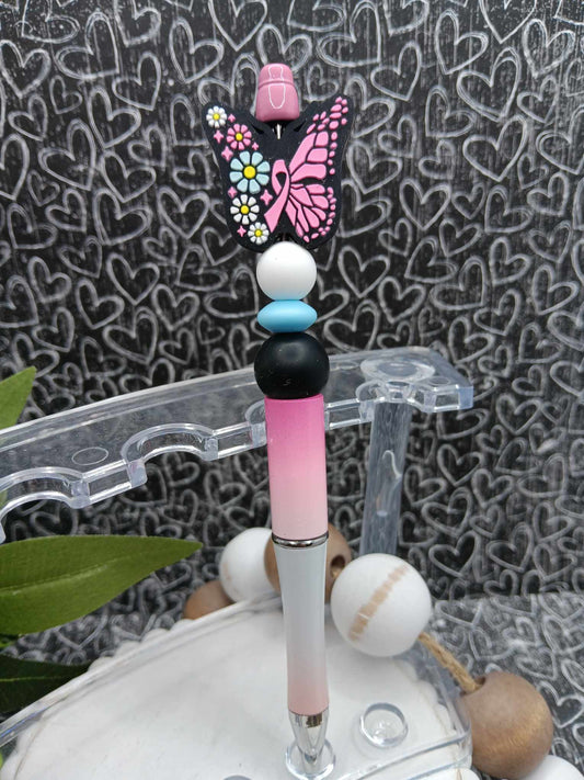 Pink Butterfly Ribbon Beaded Breast Cancer Awareness Ink Pen