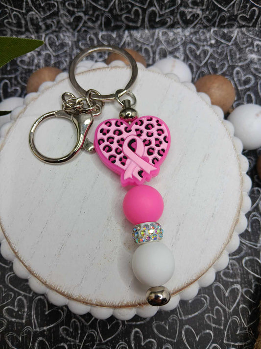 Leopard Heart w/ Pink ribbon Breast Cancer Awareness Keychain