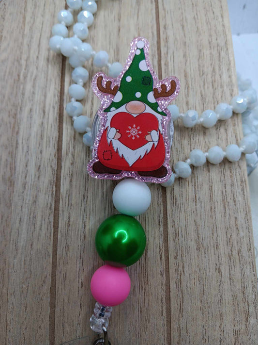 Reindeer Gnome Holding a Heart Beaded Badge Reel