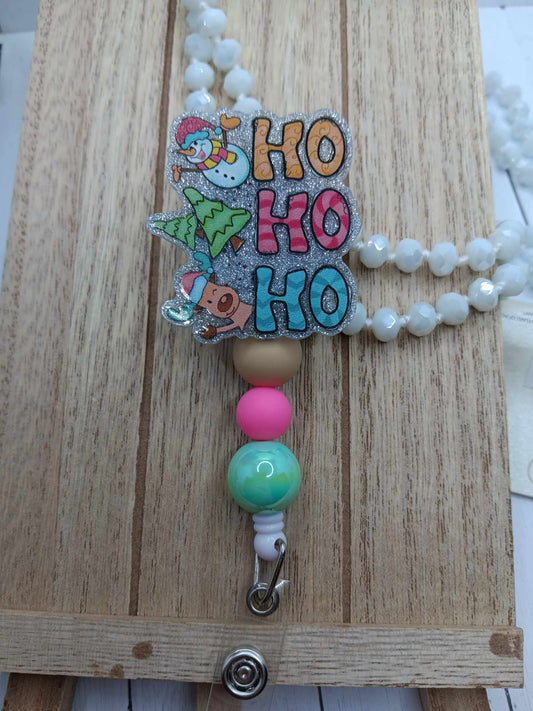 HO HO HO Santa Snowman Beaded Badge Reel