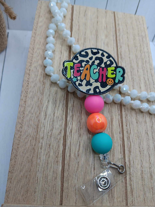 Teacher Glitter Beaded Badge Reel