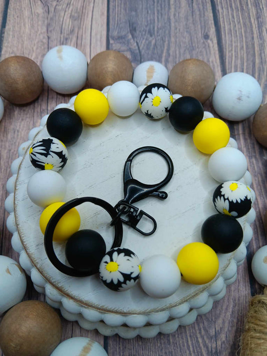 Black, White, & Floral Beaded Wristlet