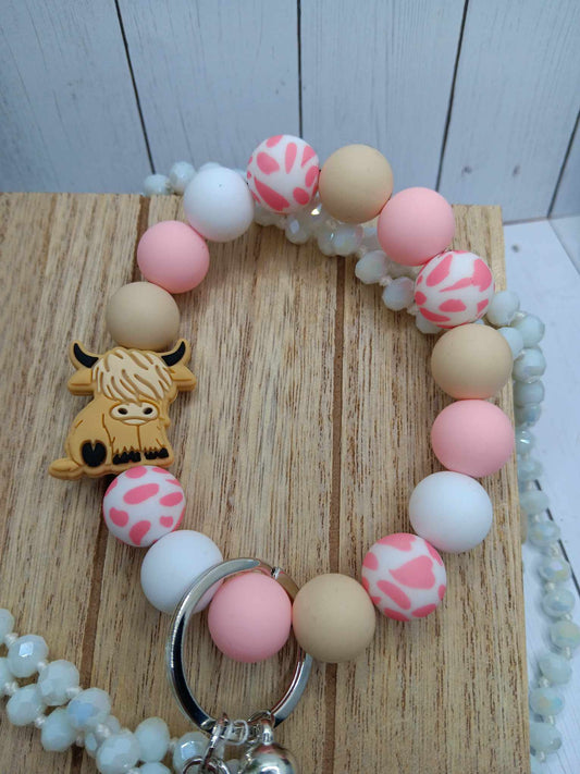 Pink Highland Cow Beaded Wristlet