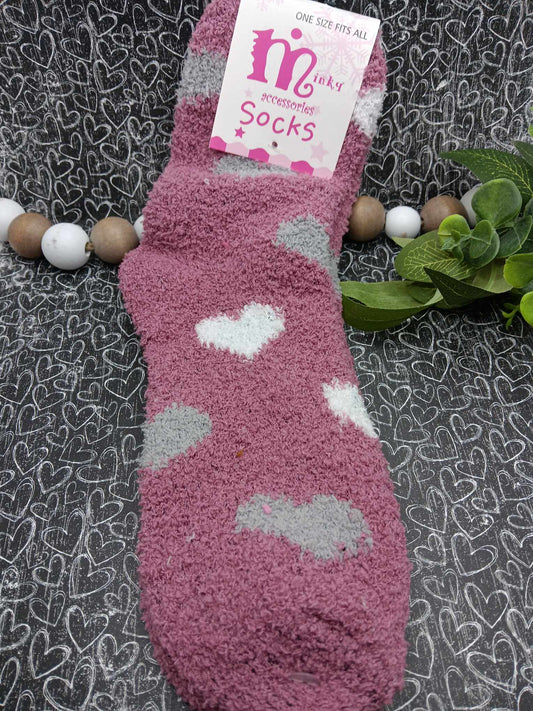 Grey, White, & Purple Heart Fuzzy Socks
