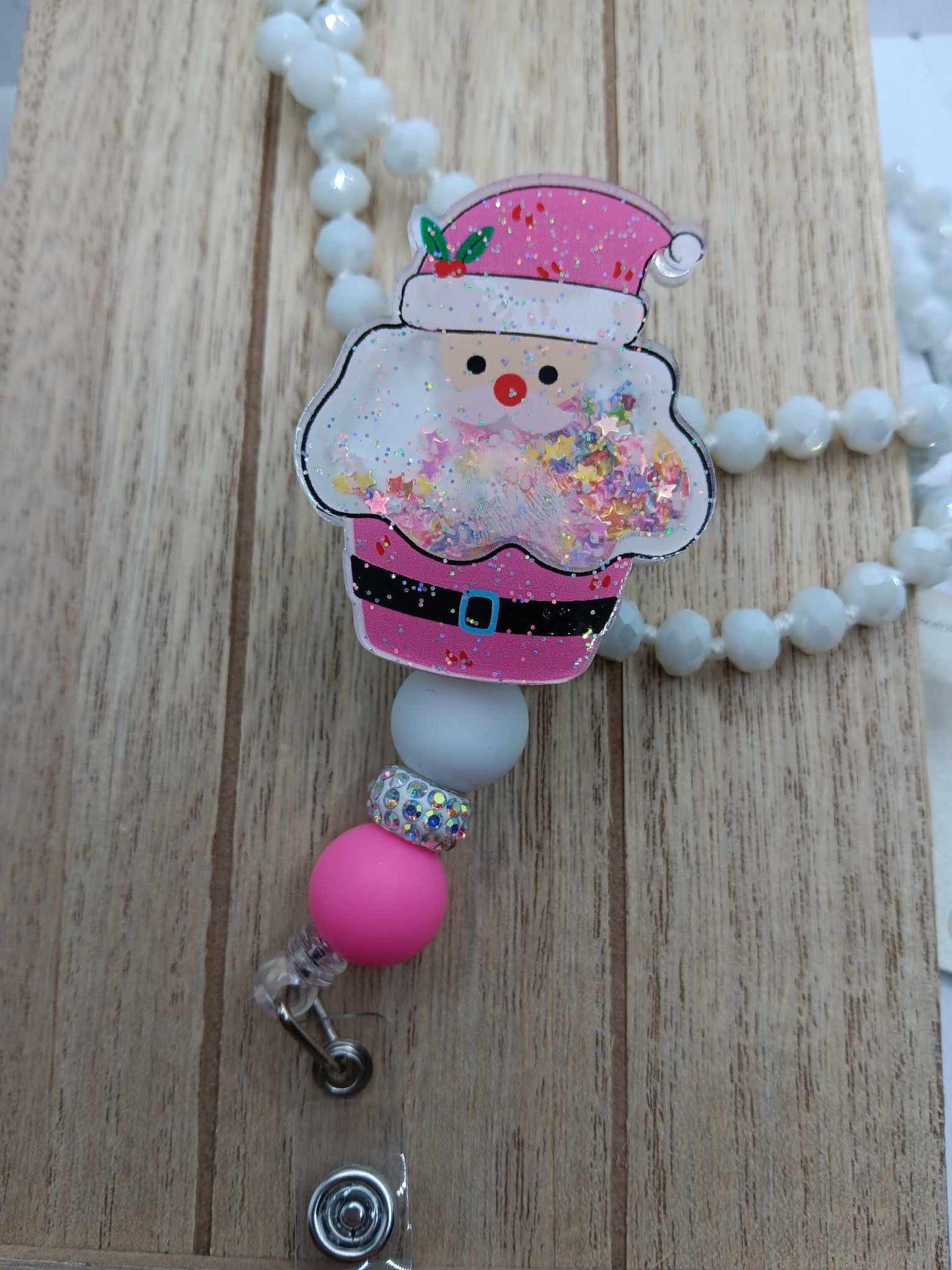 Pink Santa Shaker Beaded Badge Reel