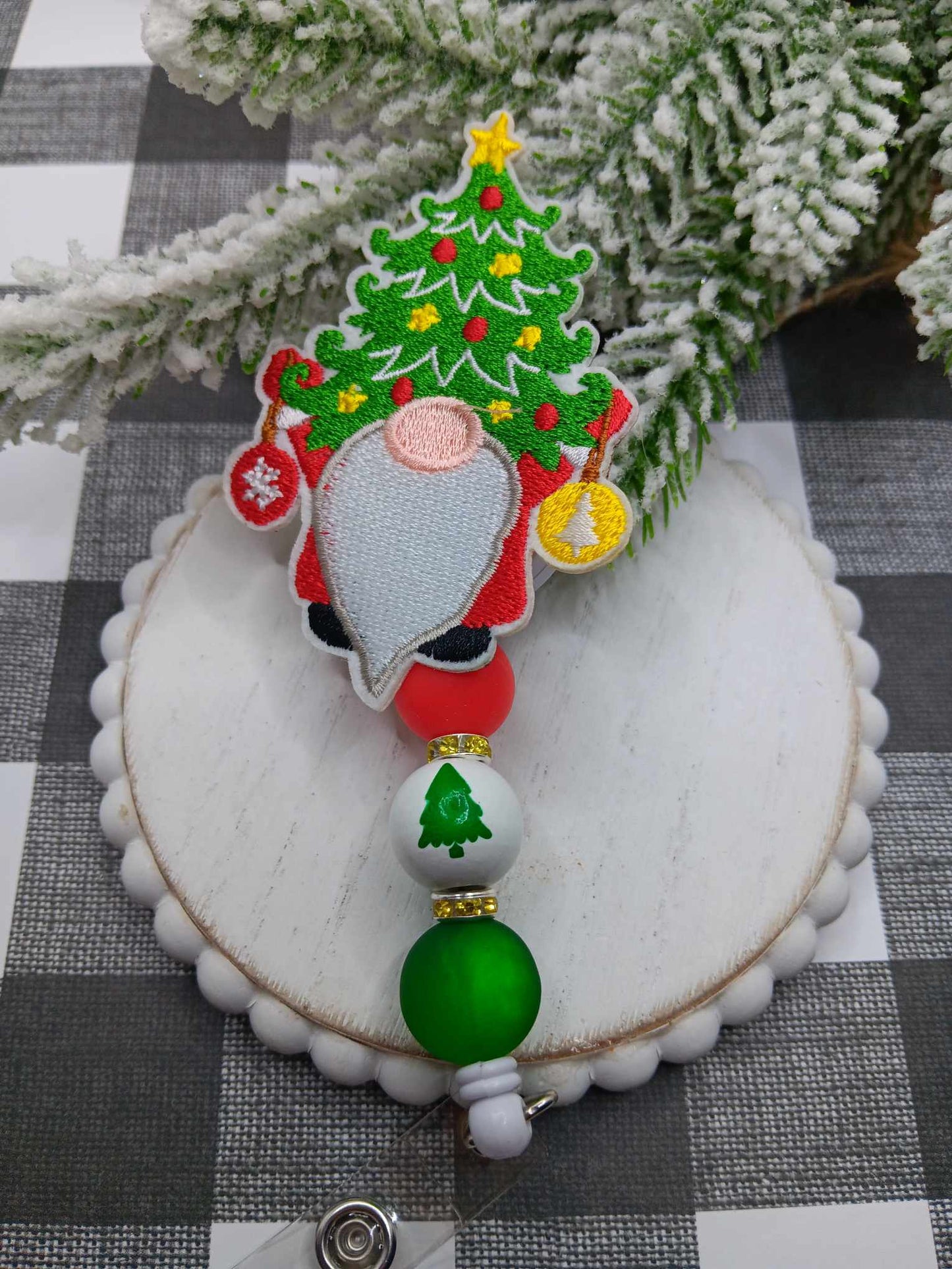 Embroidered Christmas Gnome Beaded Badge Reel