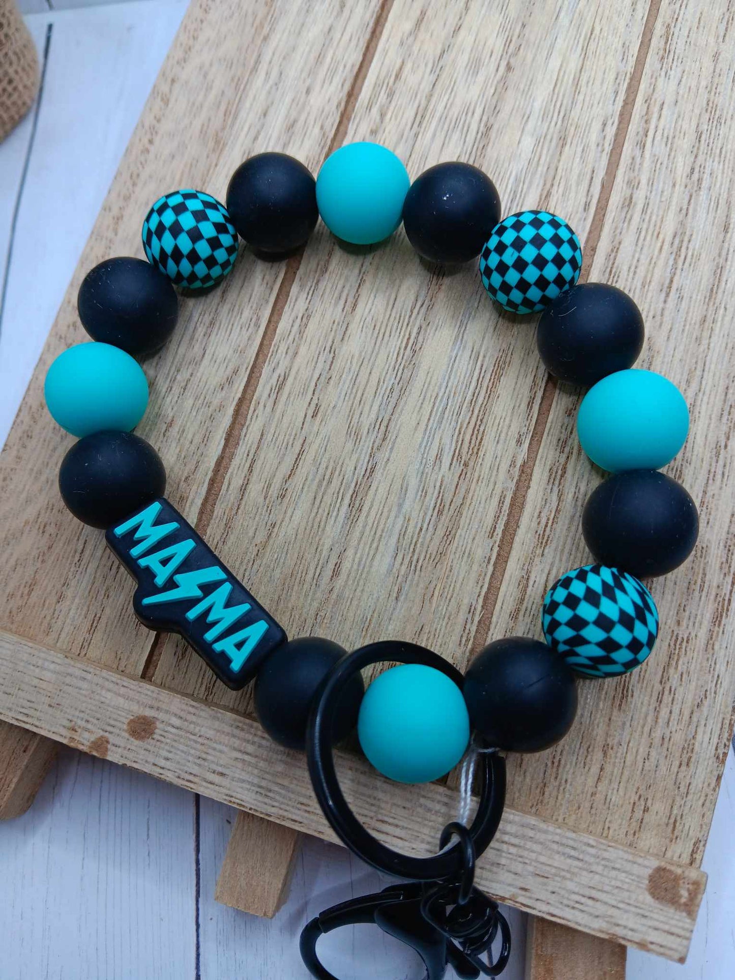 Teal & Black Checkered Mama Beaded Wristlet