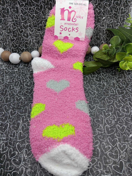 Pink, Grey, & White Heart Fuzzy Socks