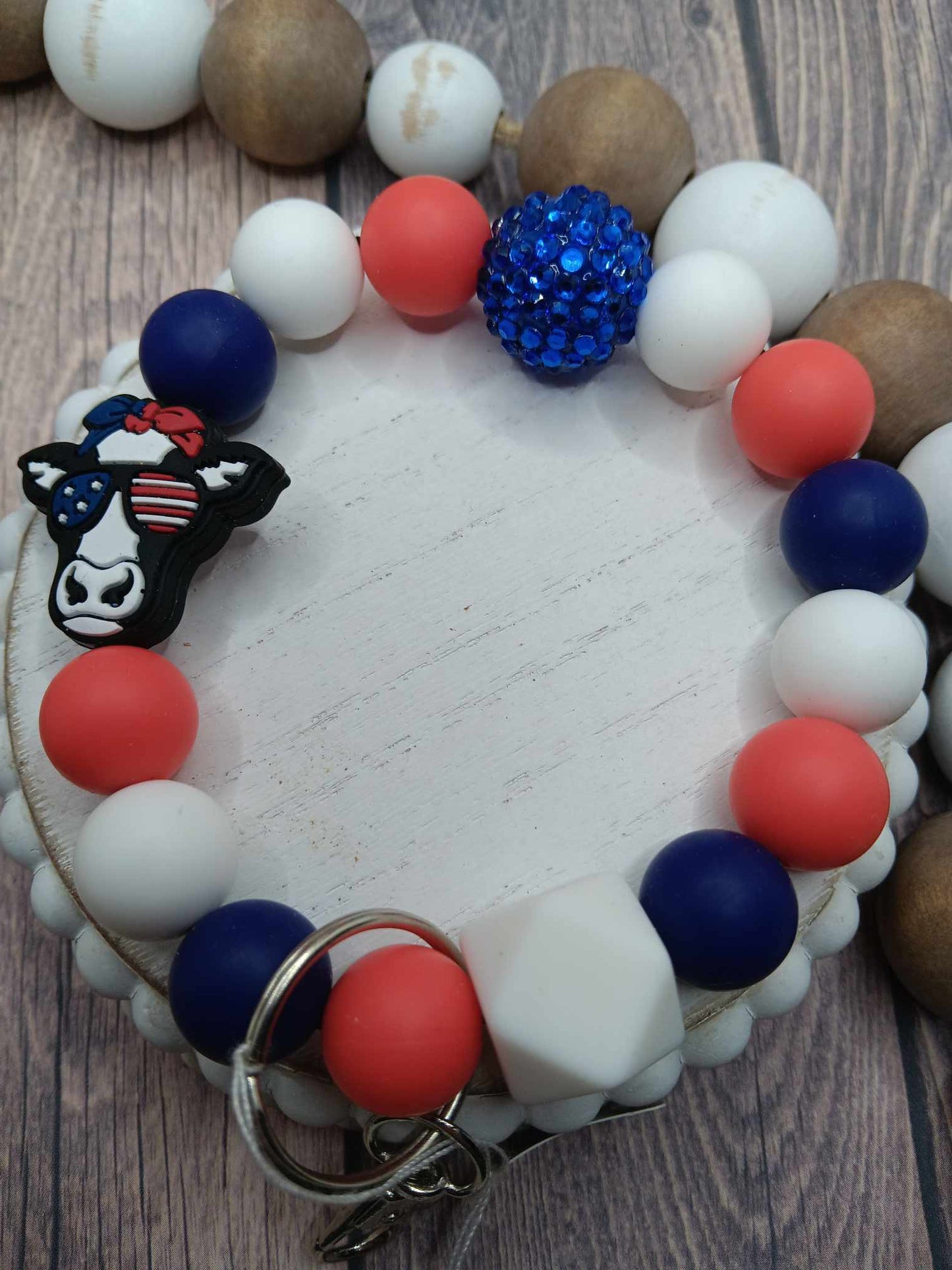 Red, White, & Blue Cow Beaded Wristlet