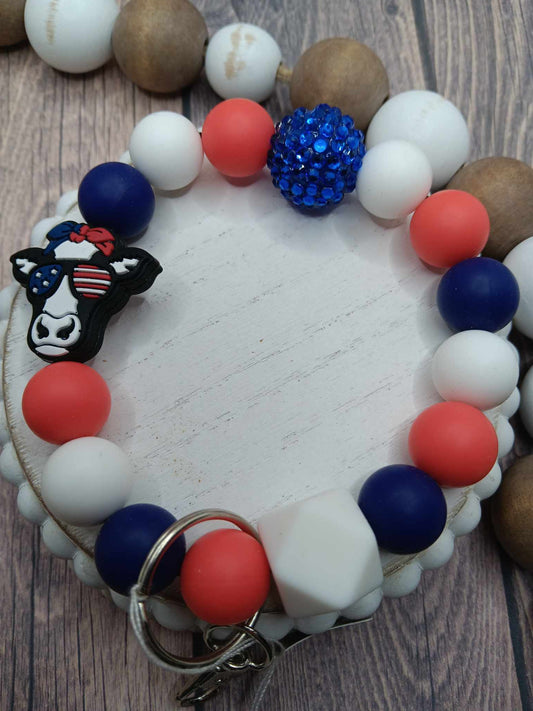 Red, White, & Blue Cow Beaded Wristlet