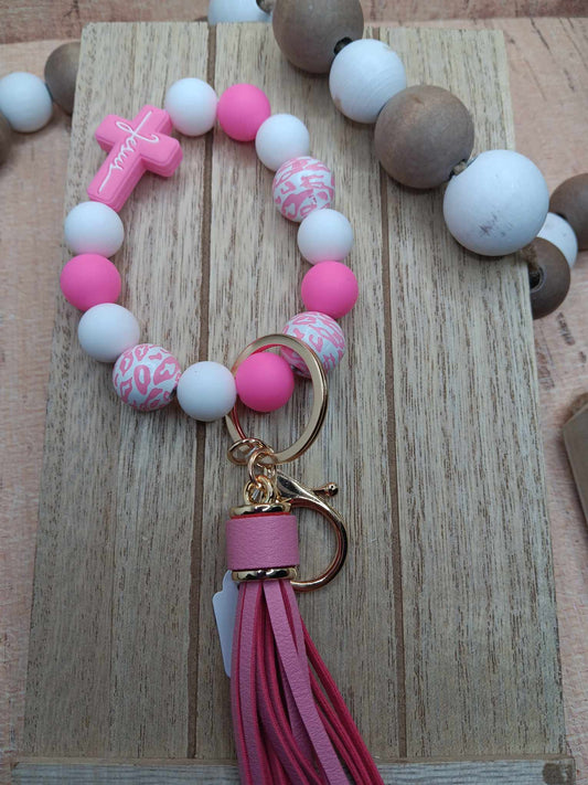 Pink Jesus Cross Beaded Wristlet