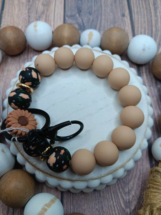 Brown & Floral Themed Beaded Wristlet