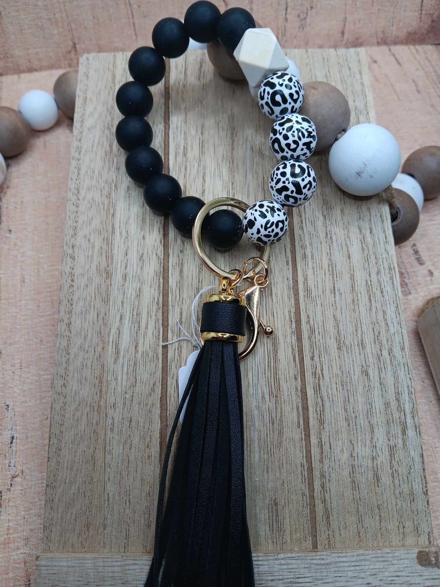 Black & Cow Print Beaded Wristlet