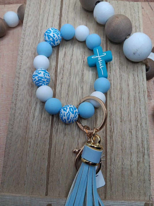 Blue Jesus Cross Beaded Wristlet