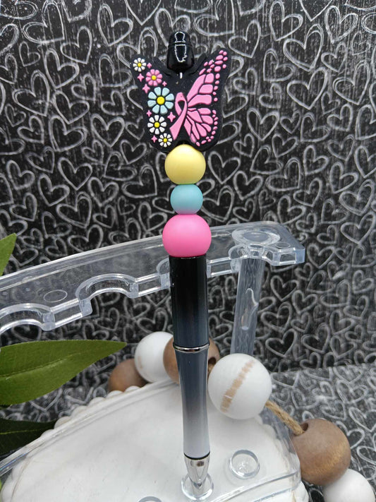 Pink Butterfly Ribbon Beaded Breast Cancer Awareness Ink Pen